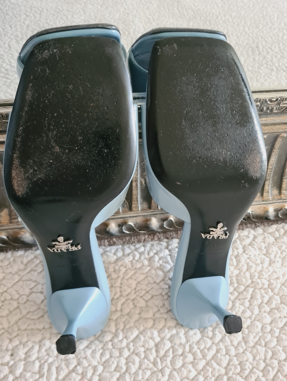 PRADA Burnished Leather Heeled Slide Sandals In Celeste EU 37.5 US 7.5 Org $1295 - Picture 10 of 16